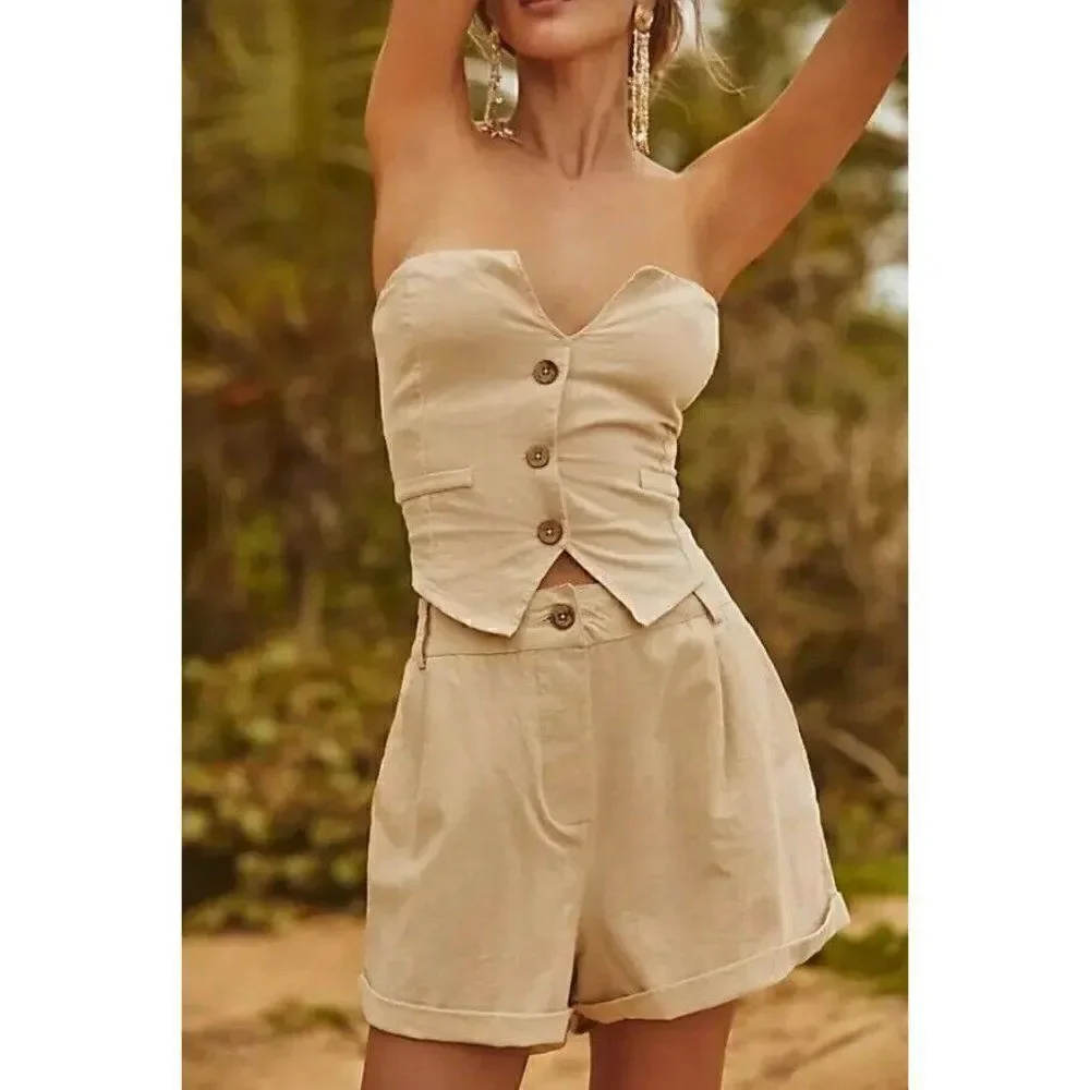 NWT FREE PEOPLE NO BUSINESS HERE SHORT SET 2 Pc TUBE TOP & SHORTS KHAKI